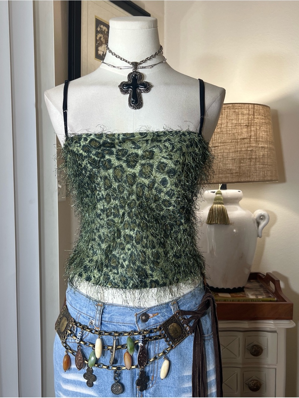 Olive Green Leopard-Print Fuzzy Spaghetti-Strap Crop Cami